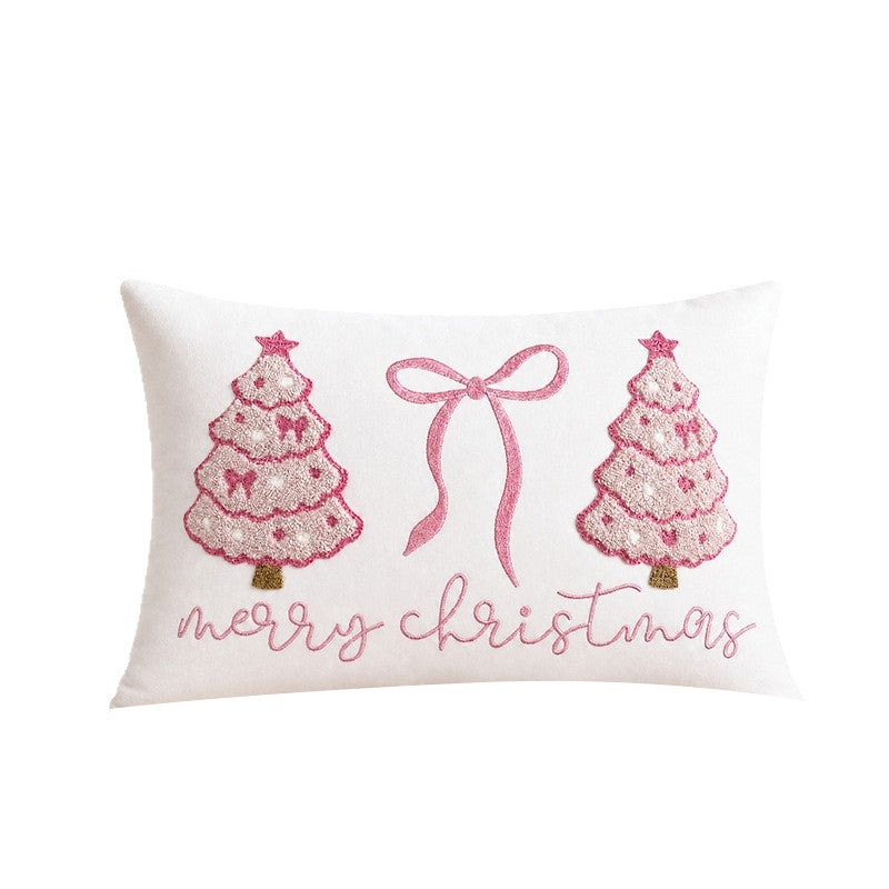 Pink Christmas Tree Bow-Embossed Towel Pillowcase with Filling