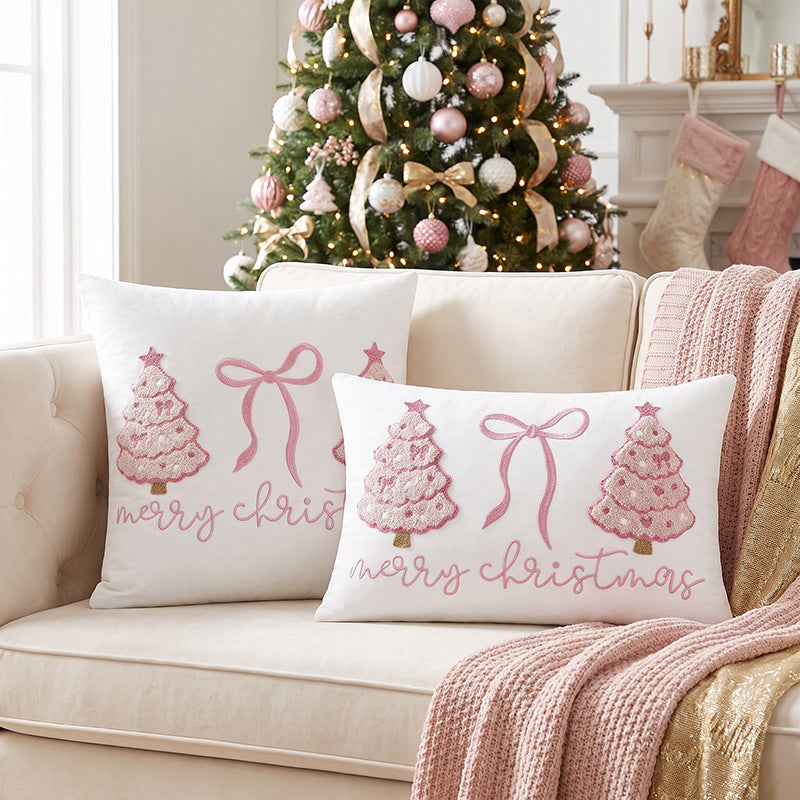 Pink Christmas Tree Bow-Embossed Towel Pillowcase with Filling