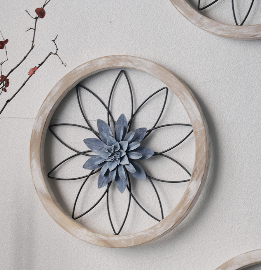 Living Room Entrance Vintage Wall Decoration Wall Hanging 3-Piece Set Round Wooden Frame Flower Wall Decoration