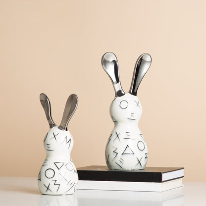 Modern minimalist geometric-patterned long-eared rabbit ceramic decorative piece