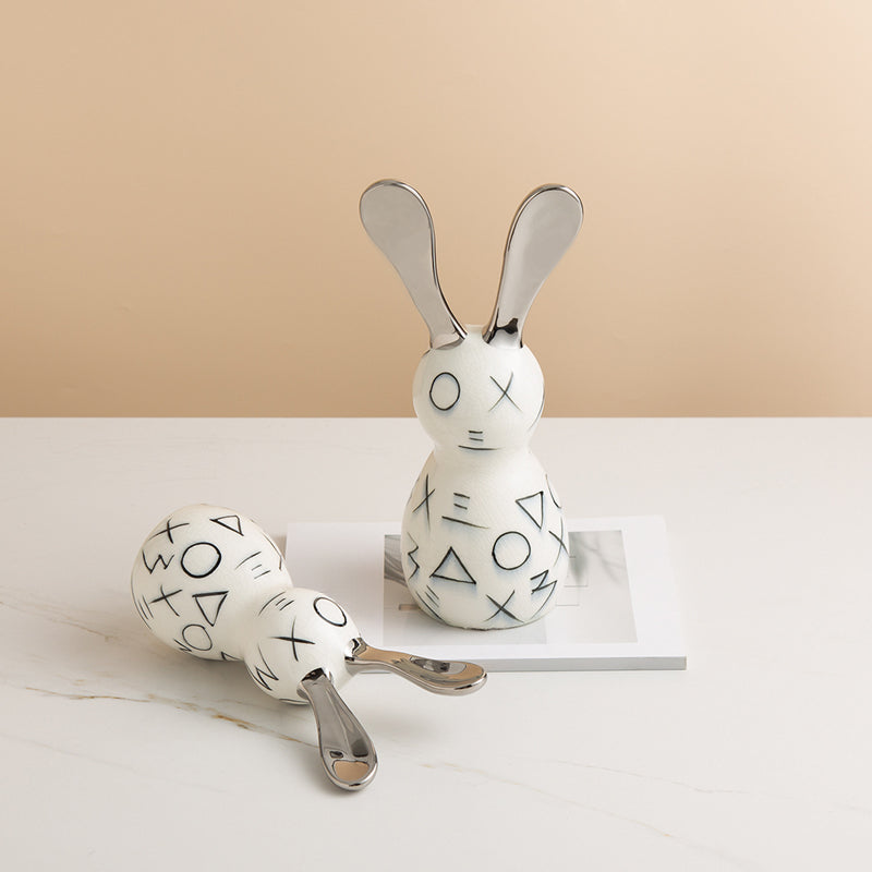 Modern minimalist geometric-patterned long-eared rabbit ceramic decorative piece