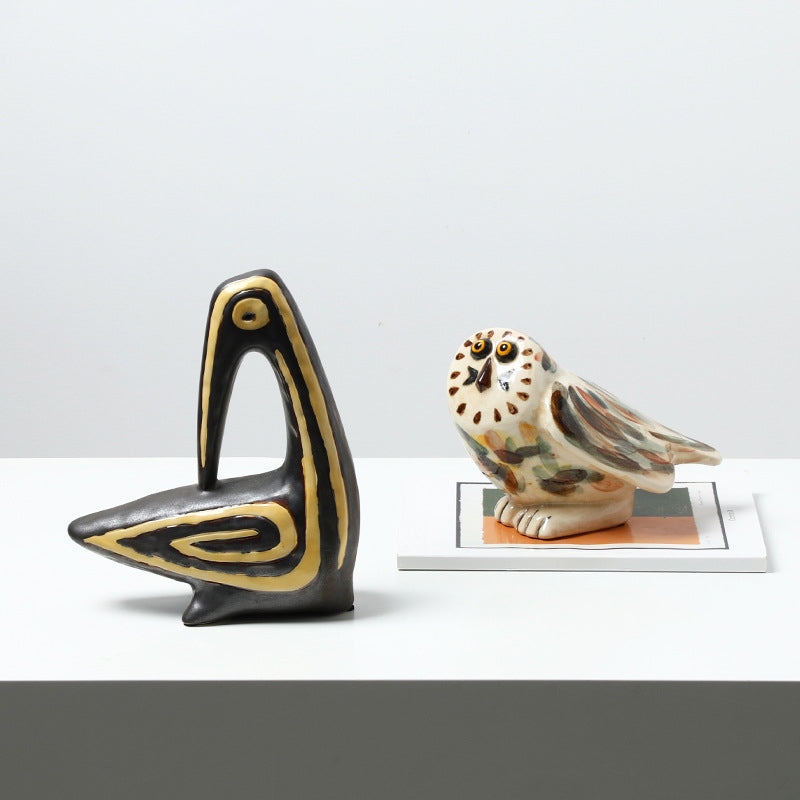 Modern abstract hand-painted bird-shaped ceramic decorative piece
