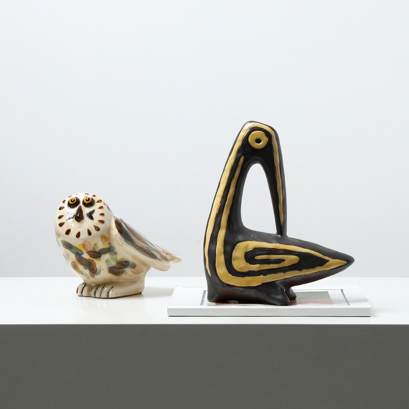 Modern abstract hand-painted bird-shaped ceramic decorative piece