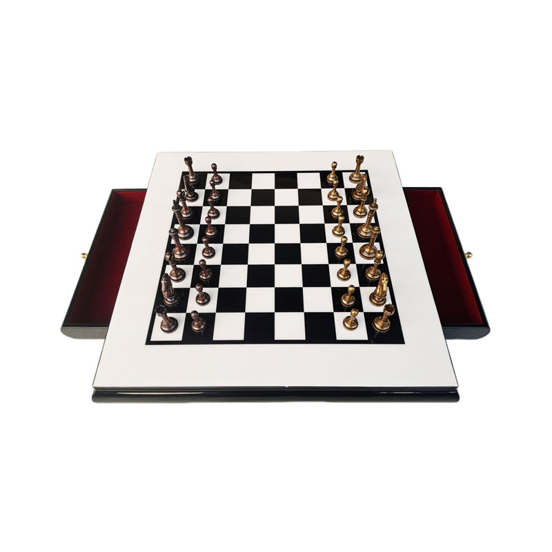 Wooden Chess Board with Lacquer Finish, Drawer-Style, Metal Pieces, Solid Wood ¨C International Chess Set
