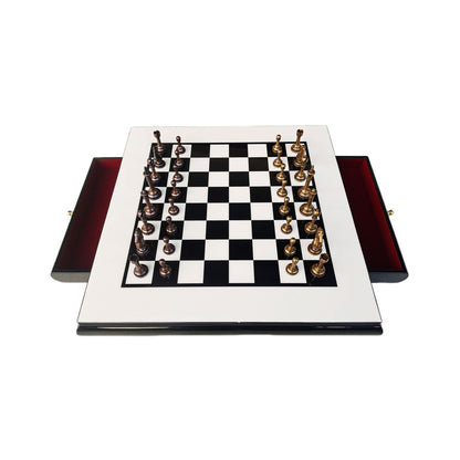 Wooden Chess Board with Lacquer Finish, Drawer-Style, Metal Pieces, Solid Wood ¨C International Chess Set