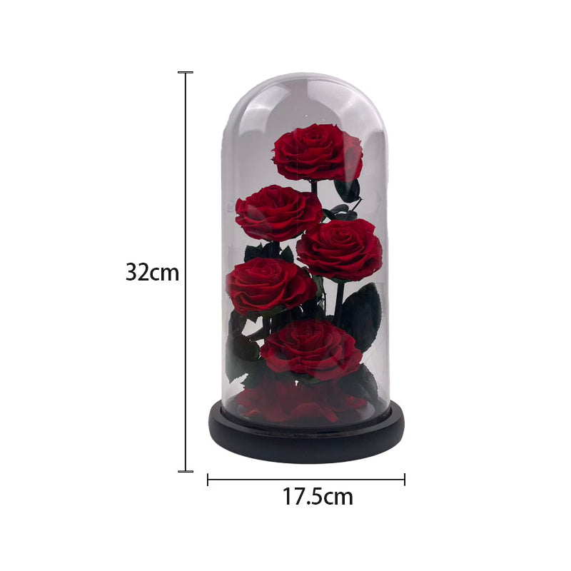 Glass-encased eternal flower arrangement featuring red roses