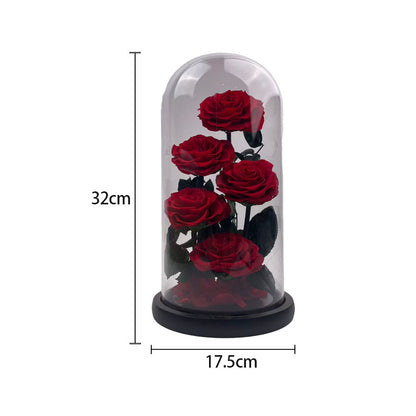 Glass-encased eternal flower arrangement featuring red roses