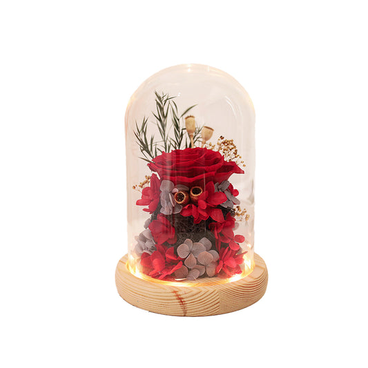 Permanently preserved flower display in a glass dome