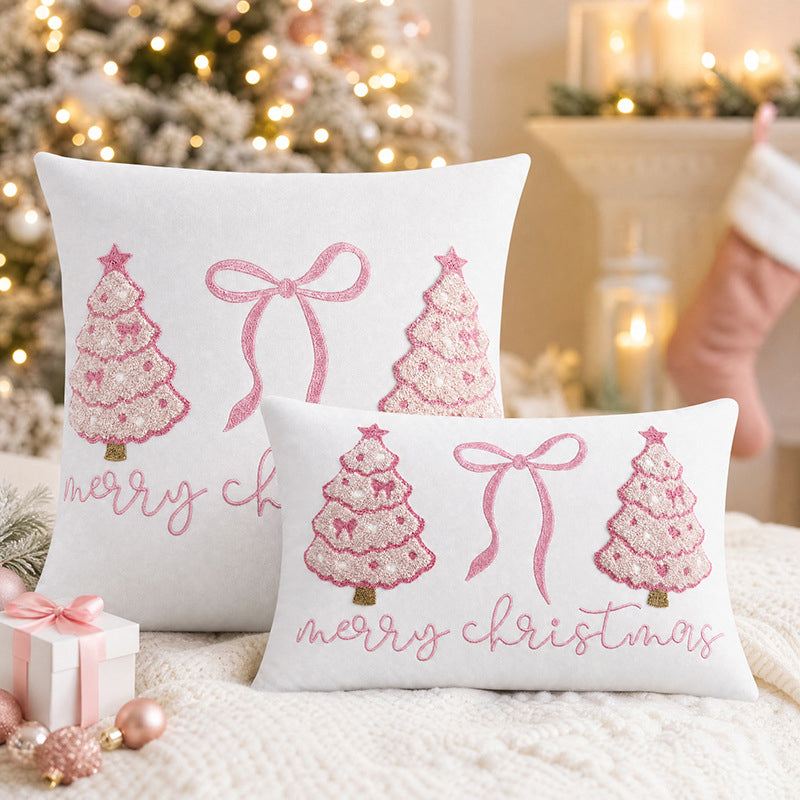 Pink Christmas Tree Bow-Embossed Towel Pillowcase with Filling