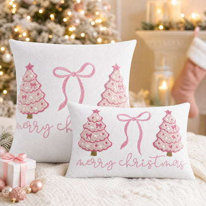 Pink Christmas Tree Bow-Embossed Towel Pillowcase with Filling