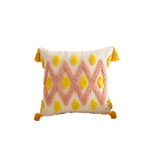 Fuzzy decorative throw pillow with 3D embroidered tassels, cushion cover for sofa, and accent pillow