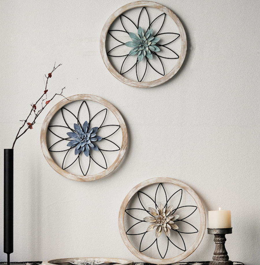 Living Room Entrance Vintage Wall Decoration Wall Hanging 3-Piece Set Round Wooden Frame Flower Wall Decoration