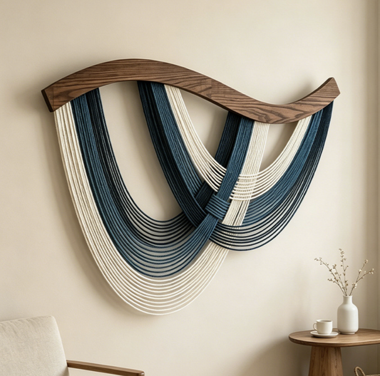 Blue and White Gradient Cotton Rope Woven Tapestry Wavy Solid Wood Rod Wall Art Decoration Wall Hanging