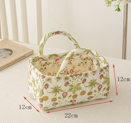 Home Fabric Cotton Pastoral Style Floral Quilted Storage Basket Portable Small Size Machine Washable