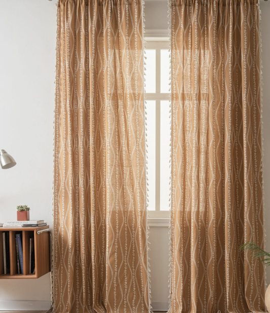 Three-Color Curve Print Tassel Simple Kitchen Curtain Light-Transmitting Bay Window