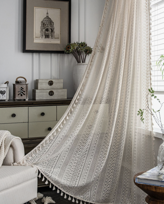Beige Crochet Light-Transmitting American Country Hollow-Out Living Room Balcony Bedroom Bed Curtain